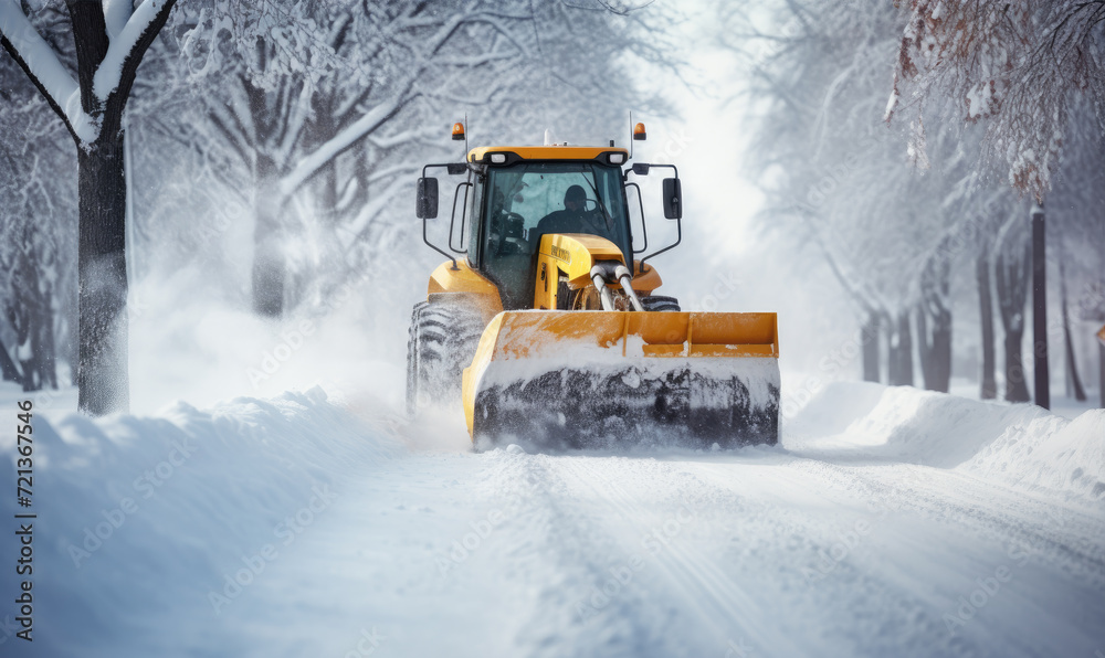 Tractor with a snow plow is plowing snow from a road during hard winter. Tractor with a snow plow is plowing snow from a road during hard winter.