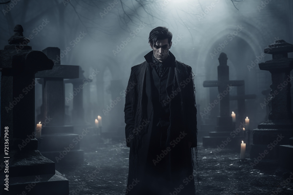 Portrait of stylish handsome vampire man on graveyard. Generative AI - obrazy, fototapety, plakaty 