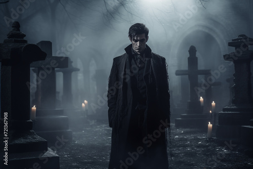 Portrait of stylish handsome vampire man on graveyard. Generative AI photo