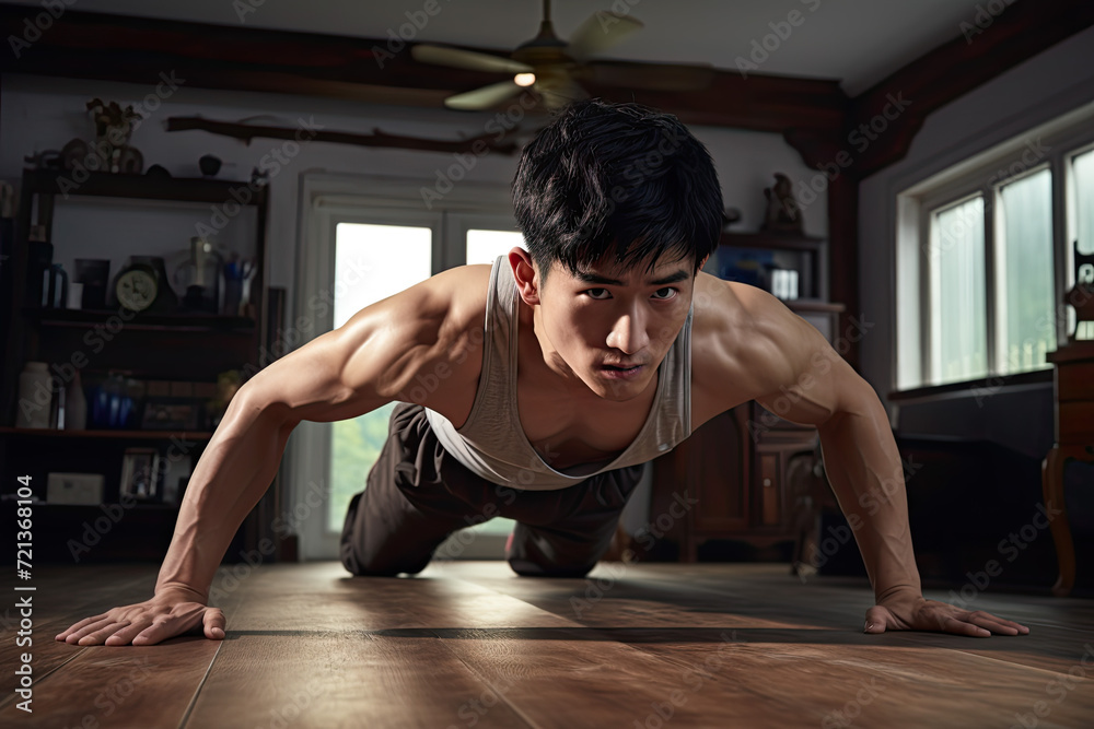 Fototapeta premium Handsome young Asian man doing push-ups on the floor at home
