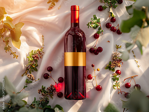 bottle of red wine with gold label mockup and flowers on silk background, top view