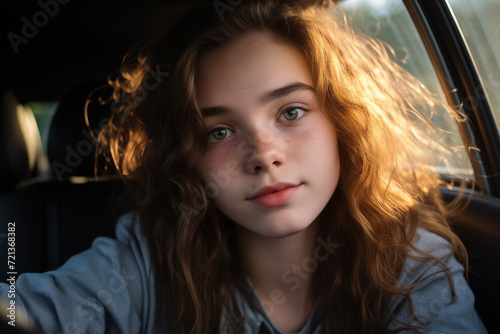 Portrait of beautiful curly girl sitting in car. Generative AI © Nomad_Soul