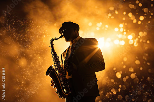 Saxophonist playing on saxophone against bokeh lights background