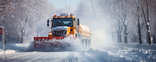 Snow plow truck is plowing snow from a road during hard winter photo