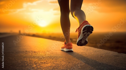 portrait of runner's footsteps running, sports training. Runner's feet running on the road closeup with shoes. Fitness, sport, lifestyle concept Young runner athlete running on the road