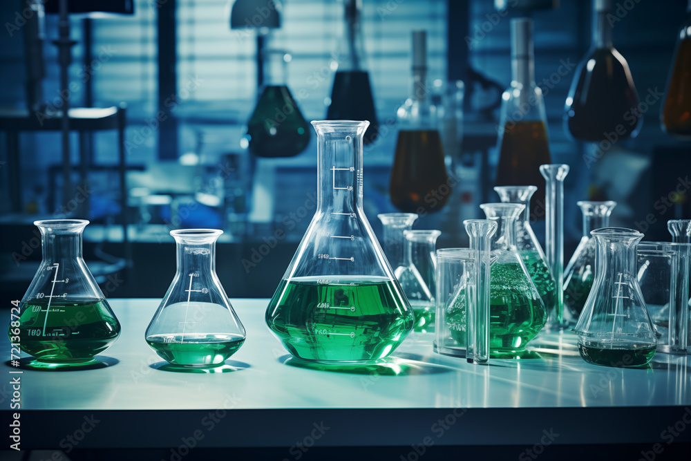 Chemical flasks on table in laboratory. Generative AI Chemical flasks on table in laboratory. Generative AI