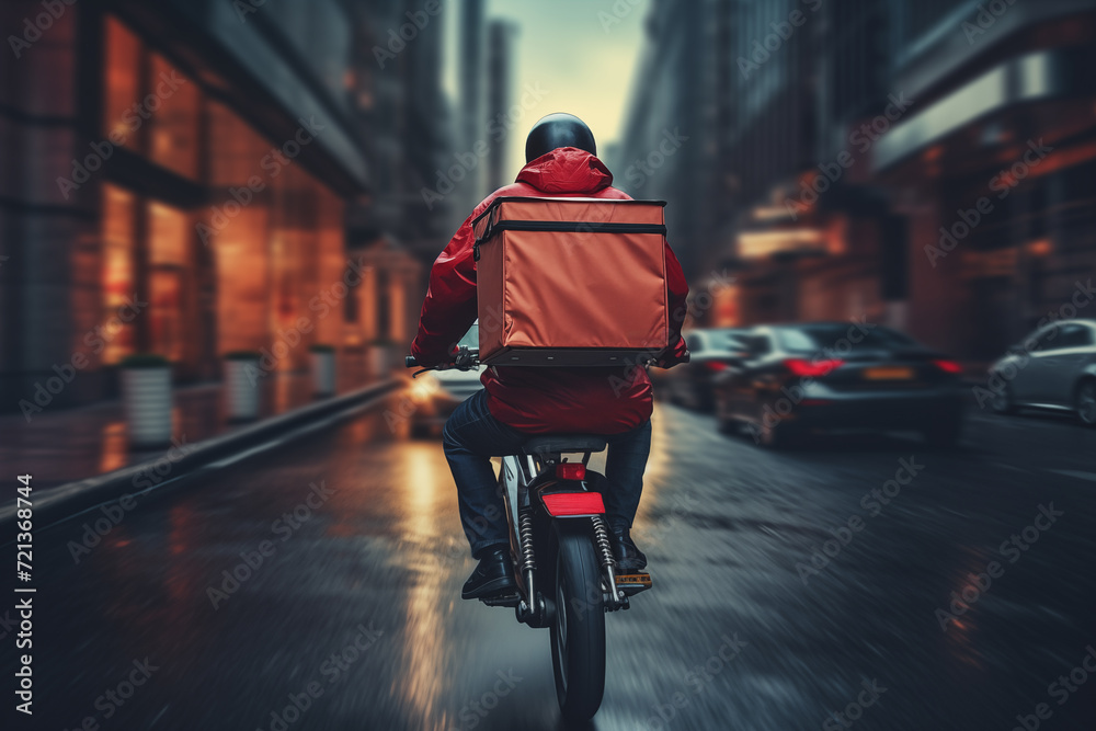 Back view of delivery man riding on bicycle with backpack. Generative AI