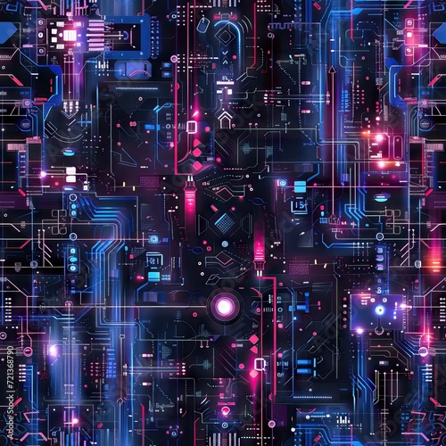 Abstract wire background with lots of data streaking lights, fiber optics. Abstract futuristic electronic circuit technology background. AI generated illustration © Or