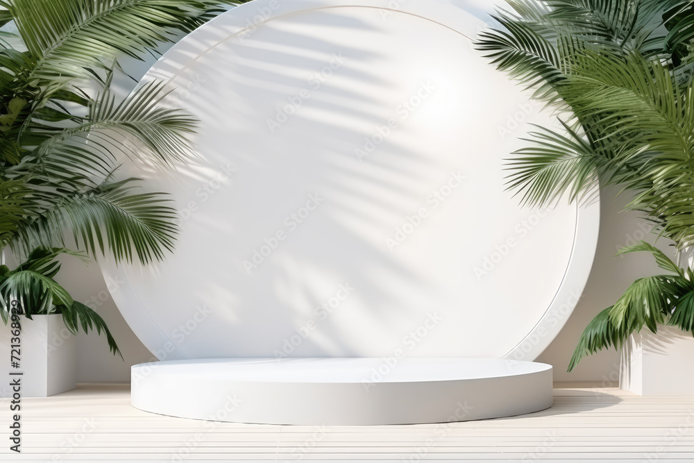3d render of white podium with palm leaves on white background 3d render of white podium with palm leaves on white background