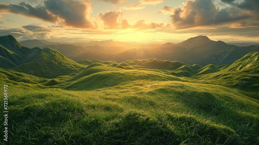 The sun dips below the horizon, casting its warm light across a mesmerizing landscape of lush, green rolling hills under a dynamic sky.