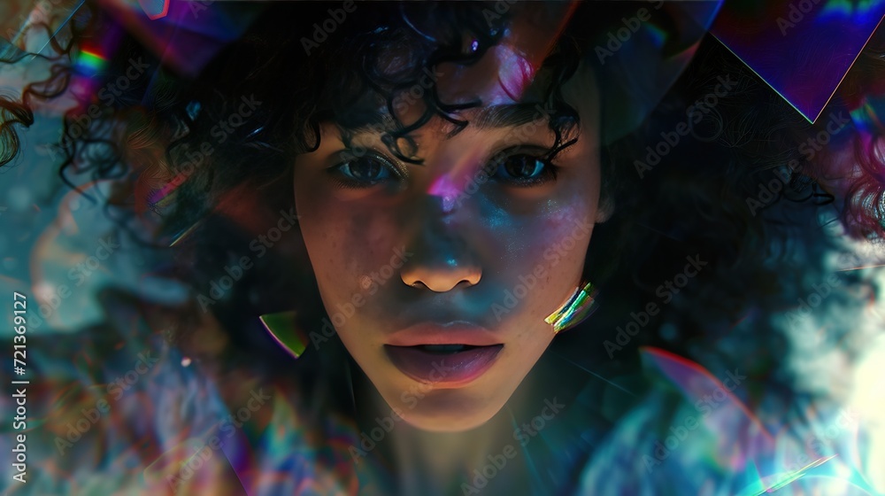 Intimate close-up of a young woman's face with curly hair, featuring holographic light reflections creating a futuristic and ethereal look.