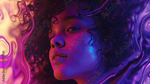 A mesmerizing portrait of a woman enveloped in swirling neon colors, highlighting her contemplative gaze and accentuating her curly hair.