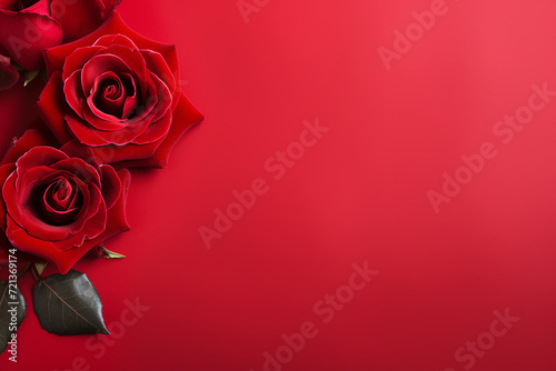Valentine s Day banner with blank space for text top view red background  red rose  and love background concept