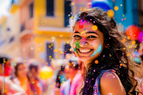A joyful woman with a vibrant smile is covered in colorful powder during the Holi festival, a traditional Indian celebration.