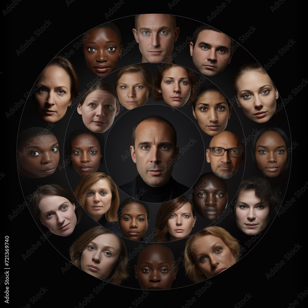 Group of diverse people faces in circle together. Generative AI Group of diverse people faces in circle together. Generative AI