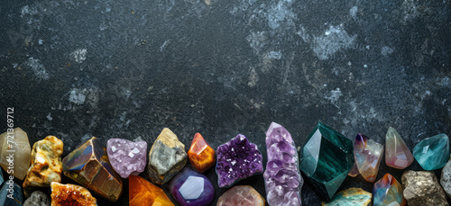 Banner with different colorful rough and polished gemstones and crystals, on dark concrete background with copy space for minerals and semi precious stones shops photo
