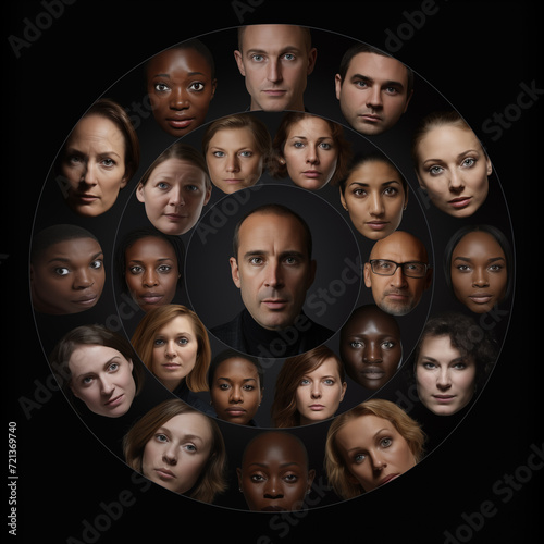 Group of diverse people faces in circle together. Generative AI