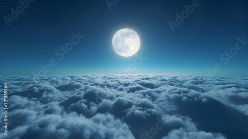 Beautiful realistic flight over cumulus lush clouds in the night moonlight.  above clouds full moon illustration  full moon shines brightly on a deep starry night. Cinematic scene. 3d illustration