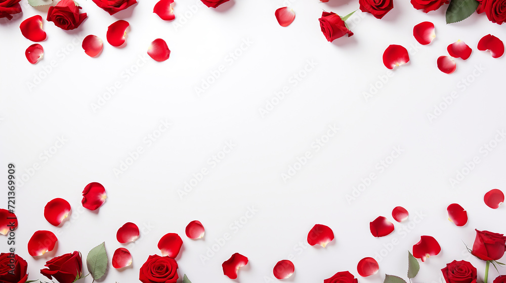 Valentine's Day banner with blank space for text top view white background, red rose, and love background concept