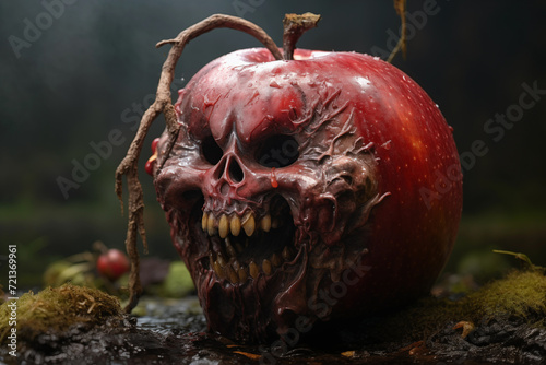 Scary rotten monster apple with sharp teeth in forest. Generative AI
