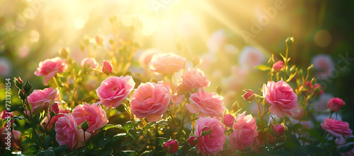 Beautiful pink roses with sunny day in the garden farm and bokeh sunlight background with copy space for your text.Happy Rose Day Concept.