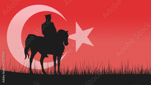 Fotografiet A graphic silhouette of a figure on horseback set against a Turkish flag backdrop, evoking the spirit of Turkey's national holidays and honoring Mustafa Kemal Ataturk's legacy