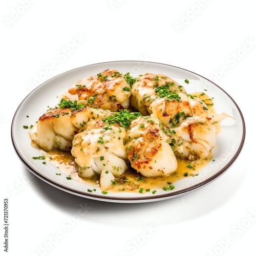 a greencastle monkfish scampi, studio light , isolated on white background