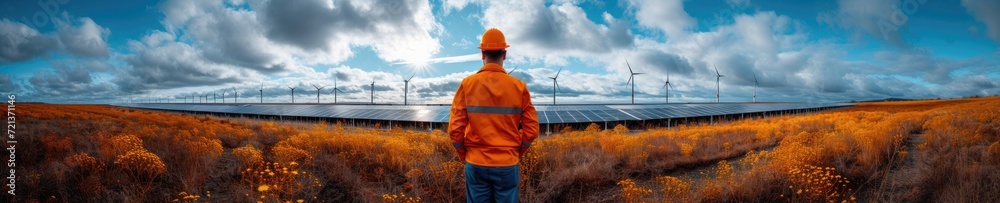 A photorealistic image of an engineer in silhouette, servicing solar cells on a factory roof at sunrise. The early morning light casting long shadows A photorealistic image of an engineer in silhouette, servicing solar cells on a factory roof at sunrise. The early morning light casting long shadows