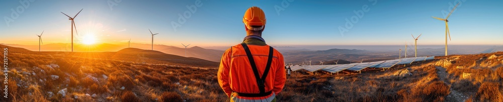 A photorealistic image of an engineer in silhouette, servicing solar cells on a factory roof at sunrise. The early morning light casting long shadows A photorealistic image of an engineer in silhouette, servicing solar cells on a factory roof at sunrise. The early morning light casting long shadows