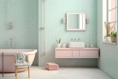 Pastel themed bathroom with mint green tiles blush pink © sugastocks
