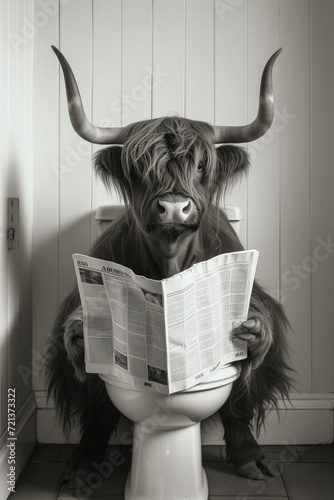 highland cow sitting on the toilet reading a newspaper photo