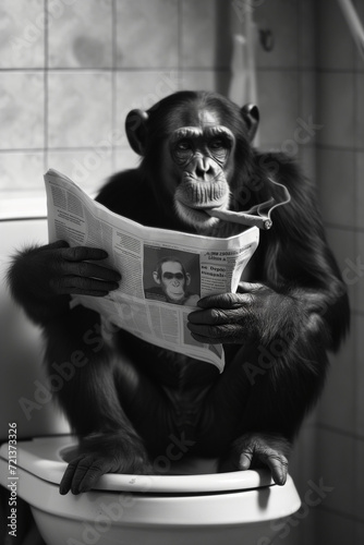 front view of monkey sitting on the toilet reading a newspaper and smoking a cigar