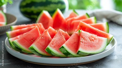  Slices of ripe watermelon neatly arranged on a white platter, showcasing the refreshing and juicy nature of this summer fruit.