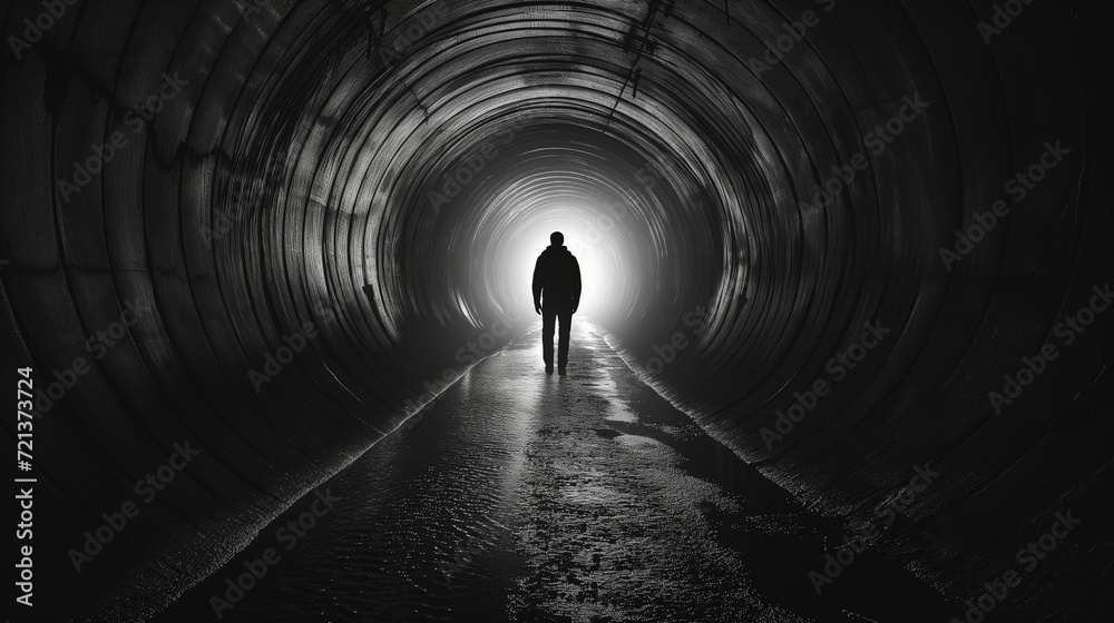 Conceptual illustration of a dark tunnel with a faint light at the end Conceptual illustration of a dark tunnel with a faint light at the end