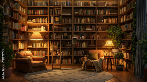 cozy library zoom background with bookshelves and warm lighting photo