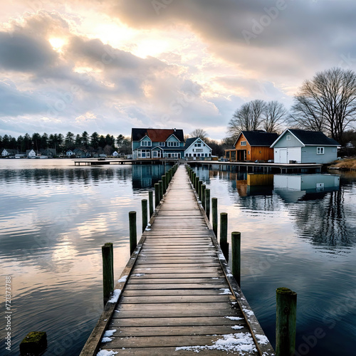 sunset over the lake in Northern Europe - Houses on a lake