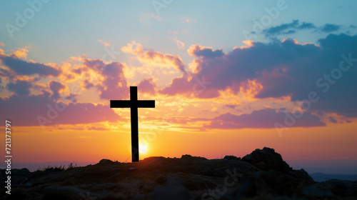 Cross silhouette against a radiant sunrise, symbolizing the spiritual significance of the Christian faith