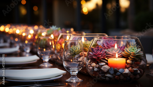Romantic candlelight illuminates elegant wedding table, creating cozy ambiance generated by AI