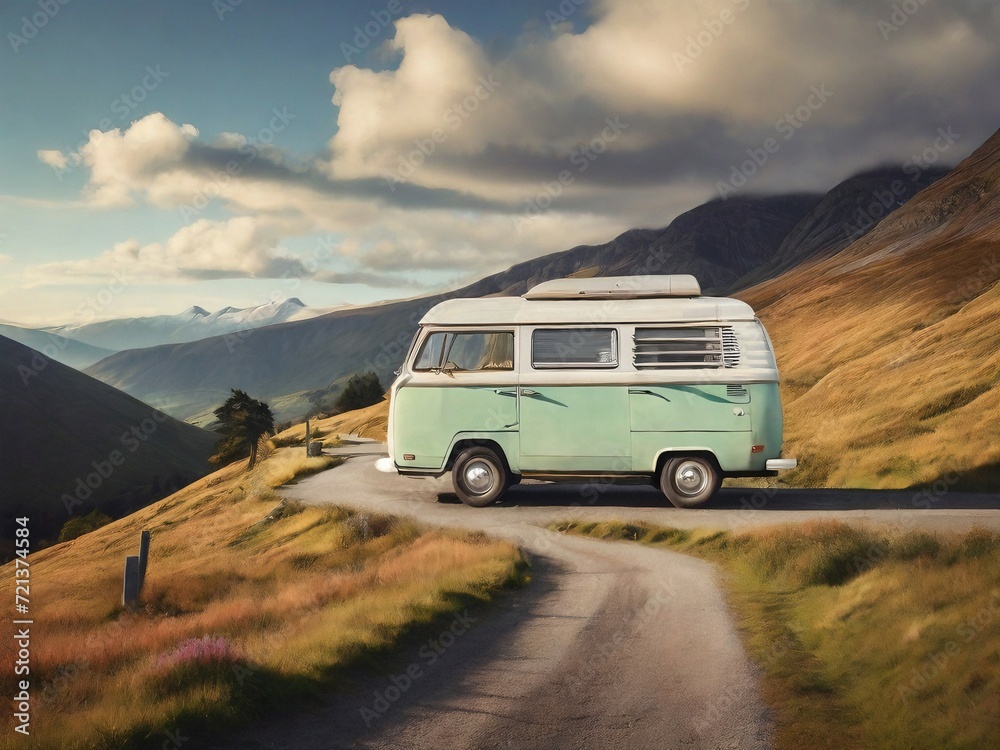 Time to travel cool looking vintage camper van parked on the mountain road, with a nice color shape. Generative AI
