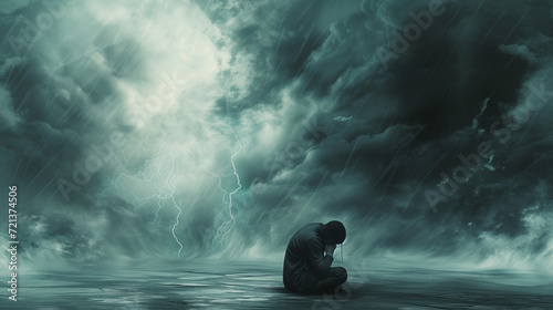 Surreal digital artwork featuring a stormy sky with rain falling on a figure curled up on the ground, depression