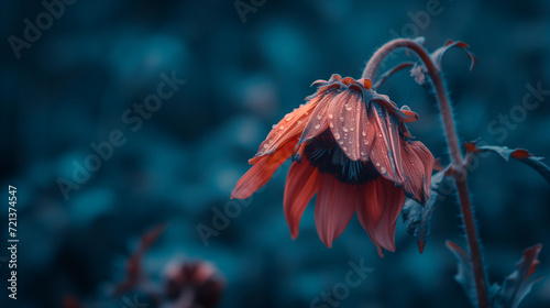 Symbolic photography of a wilting flower with drooping petals, visualizing the impact of depression on one's vitality and sense of well-being. --ar 16:9 --v 6.0