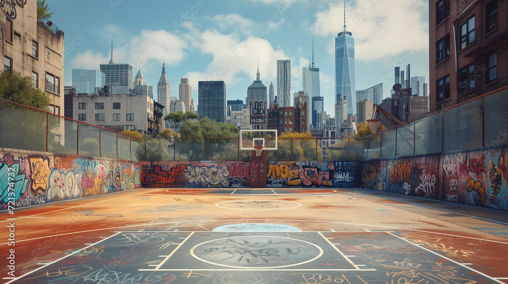 Naklejka premium Urban street basketball court with graffiti art and a city skyline