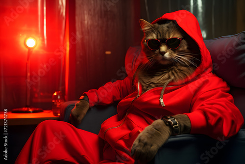 cool hip hop style cat wearing a red hoodie