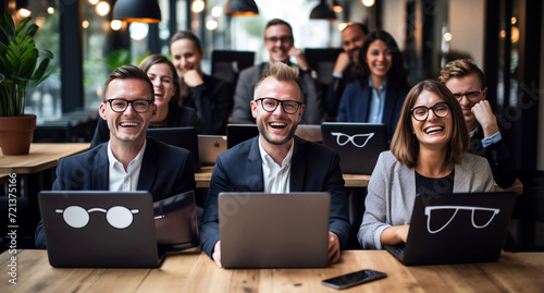 A group of successful and smiling business professionals gathers around a table where laptops lay, symbolizing shared achievements. Generative AI.