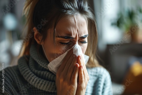 A woman with allergies sneezing in her living room due to a cold or flu, suffering from hay fever and sinusitis, and at risk of a viral infection or health emergency.