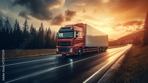 Rapidly moving freight trucks on a rural highway with blurred motion.