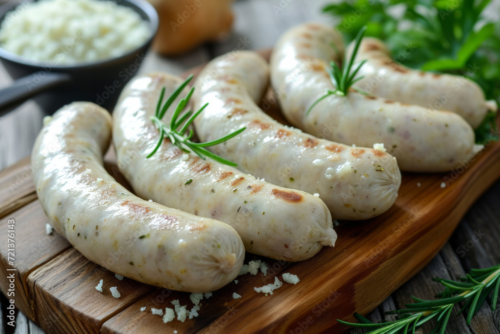 Bavarian white sausage breakfast as closeup on a wooden table Bavarian white sausage breakfast as closeup on a wooden table