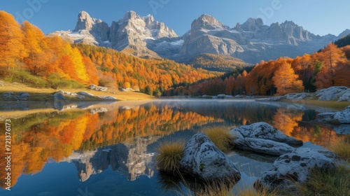 Stunning Autumn Mountain Lake Landscape with Vibrant Foliage and Rocky Shoreline