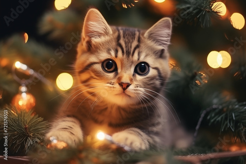 A small curious red kitten plays on the top of the Christmas tree. A small kitten among the branches of a festive Christmas tree. New Year's celebration. Funny Christmas pets. Pets during the holidays