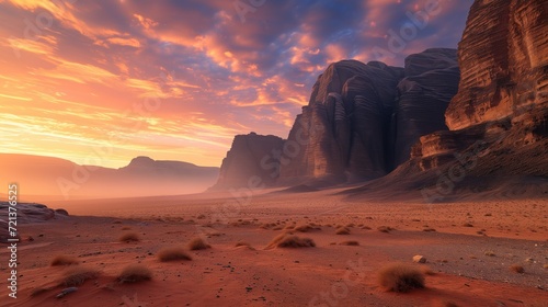 Beautiful mountainous purple and orange desert landscape at sunrise dawn